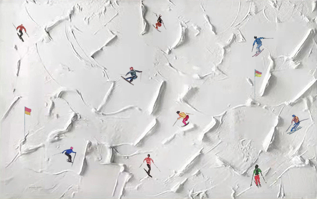 雪の山の壁の装飾スポーツ白い雪スキーのナイフによるスキーヤー油絵